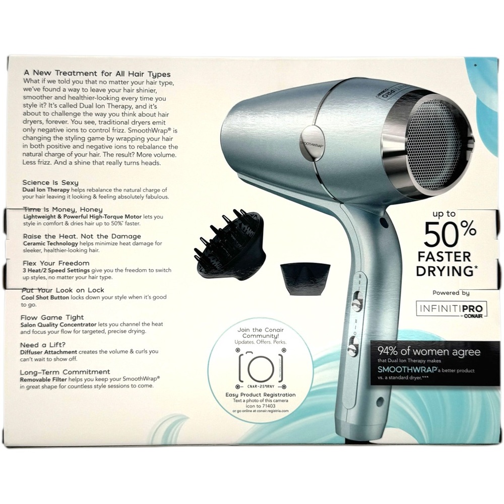 Conair InfinitiPRO SmoothWrap Blue Hair Dryer - Picture 3 of 5